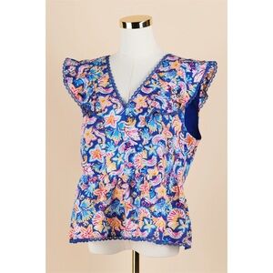 Sz L Nanette Lepore Blue Ocean Starfish Flutter Sleeve Peplum V-Neck Blouse EUC
